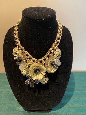 Gold Chain Statement Necklace with Cream Floral Accents